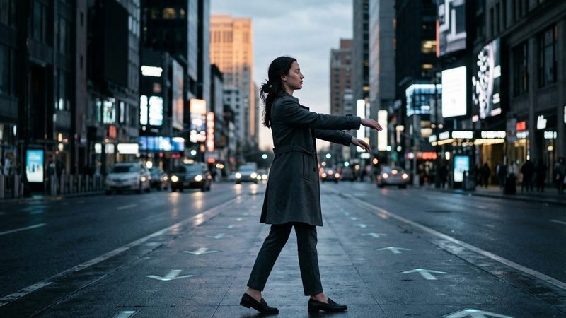 A woman crossing a city street at dusk, eyes closed and arms outstretched, following lit arrows painted on the road