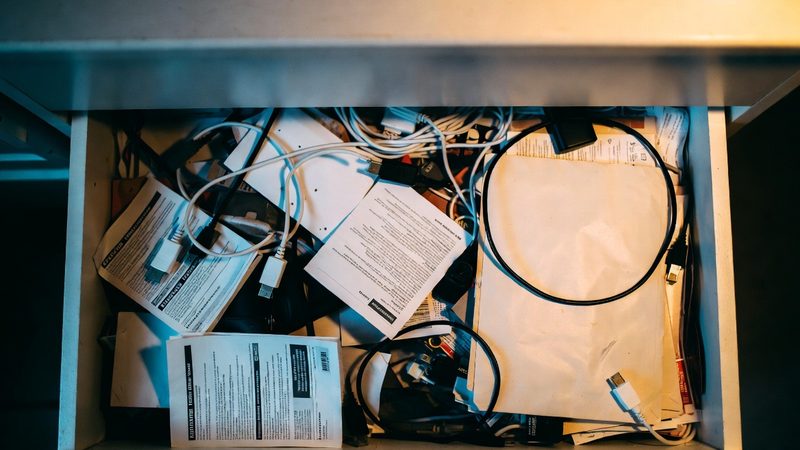 An open drawer of tangled cables, adapters and discarded instruction leaflets