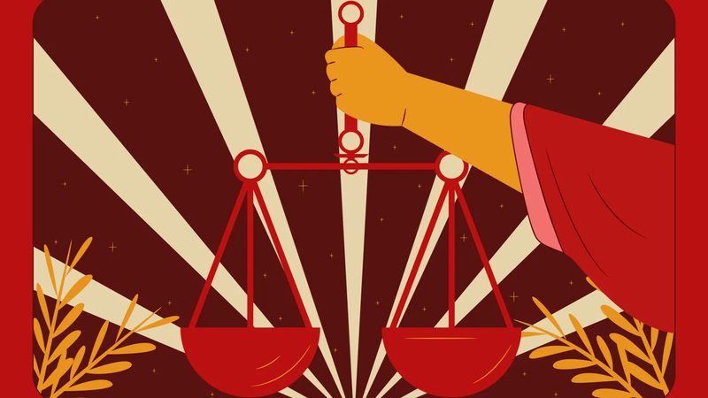 An illustration of a hand holding a pair of balanced scales